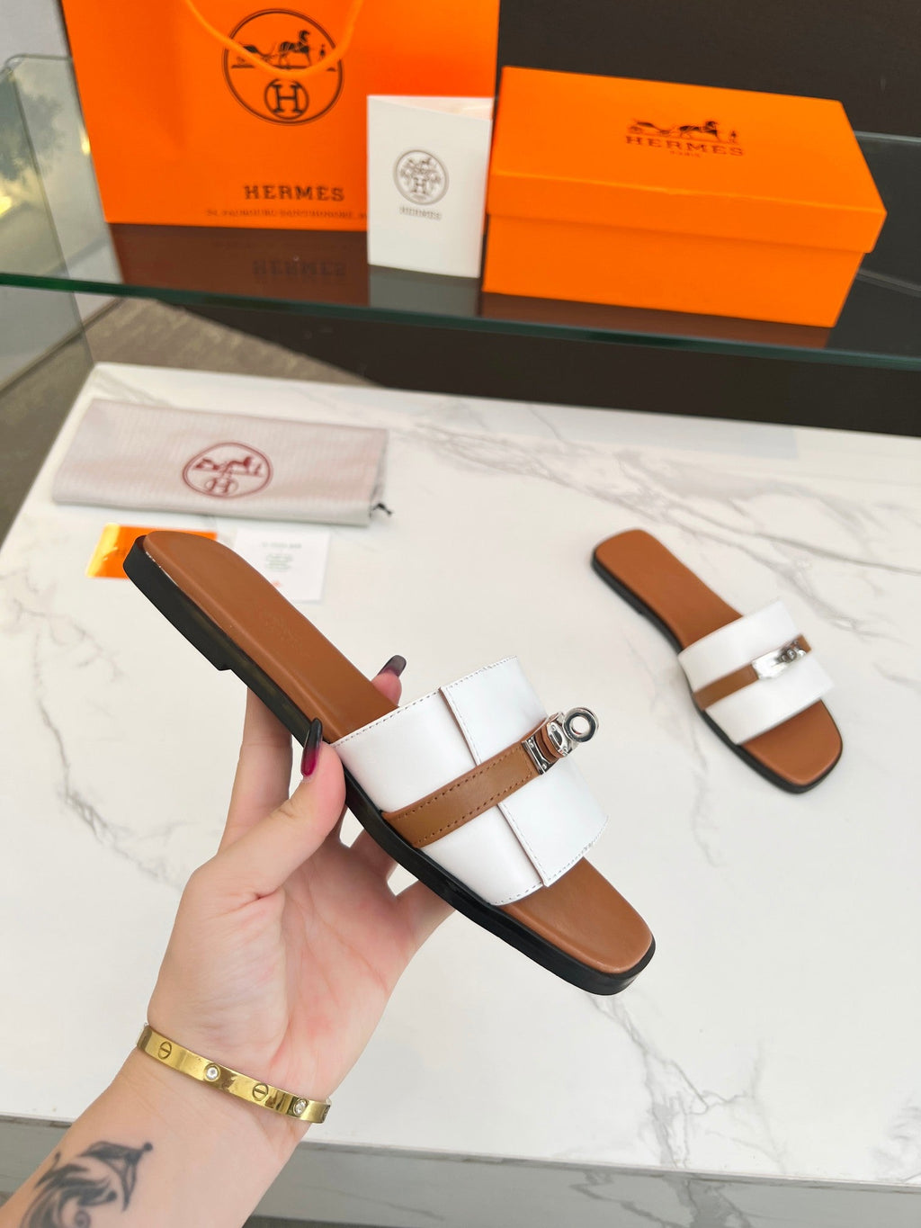 Hermes Giulia Sandal White Tan Calfskin
