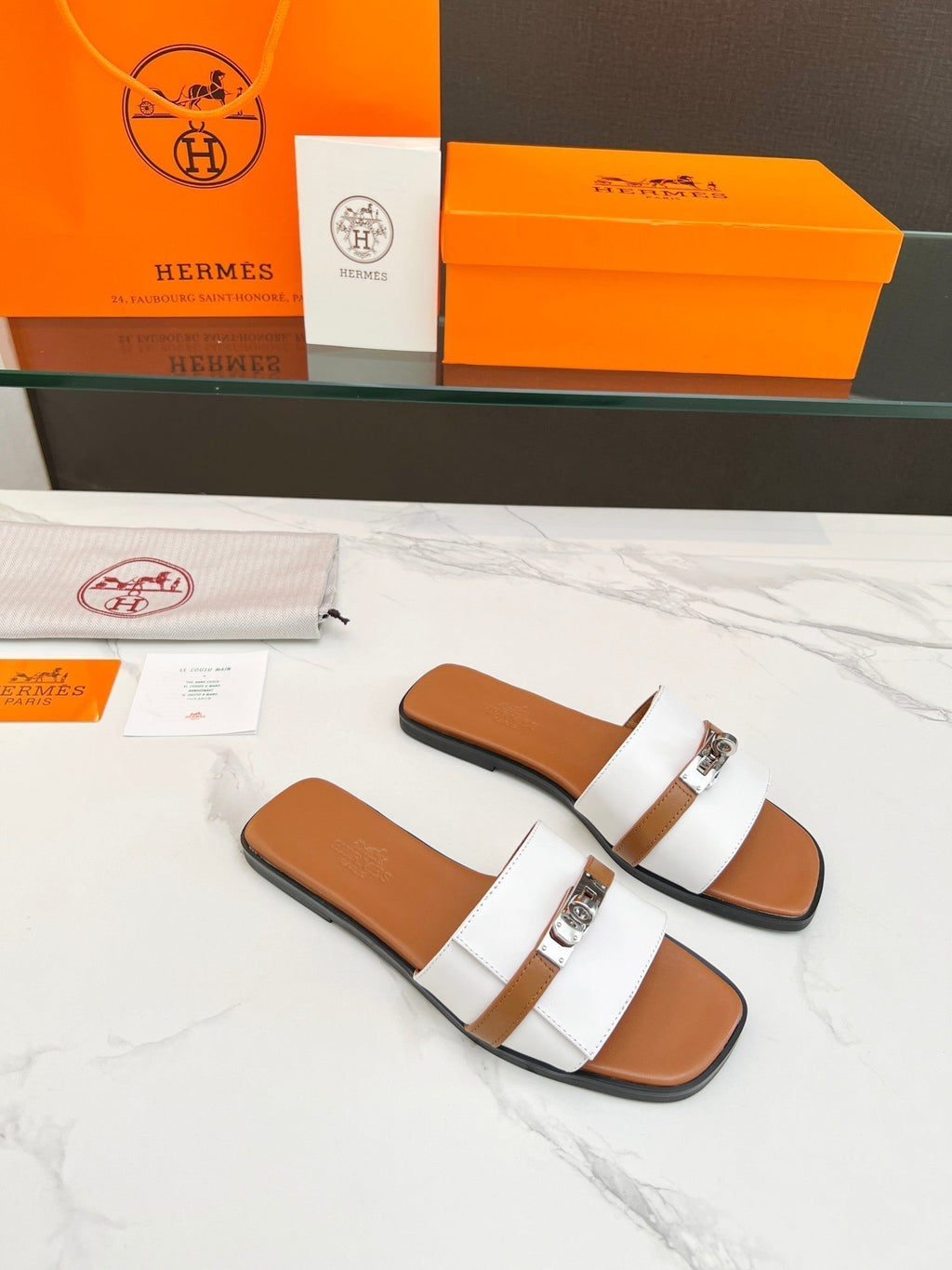 Hermes Giulia Sandal White Tan Calfskin