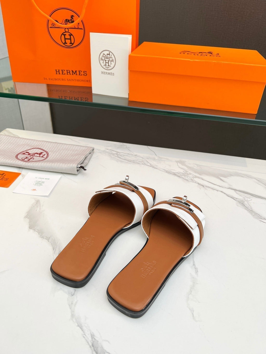 Hermes Giulia Sandal White Tan Calfskin
