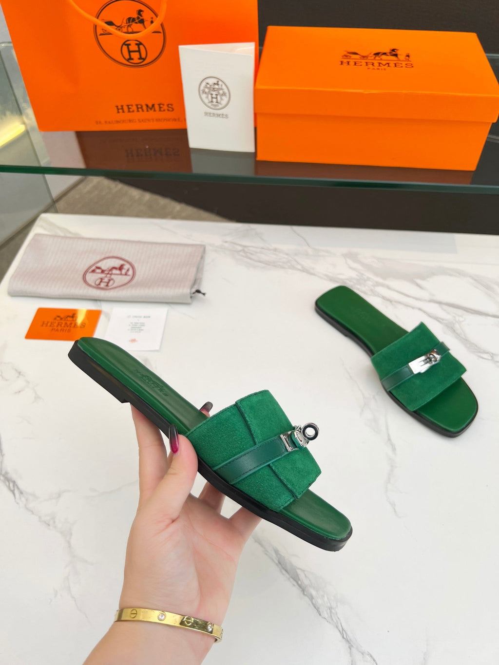 Hermes Giulia Sandal Green Suede Green Calfskin