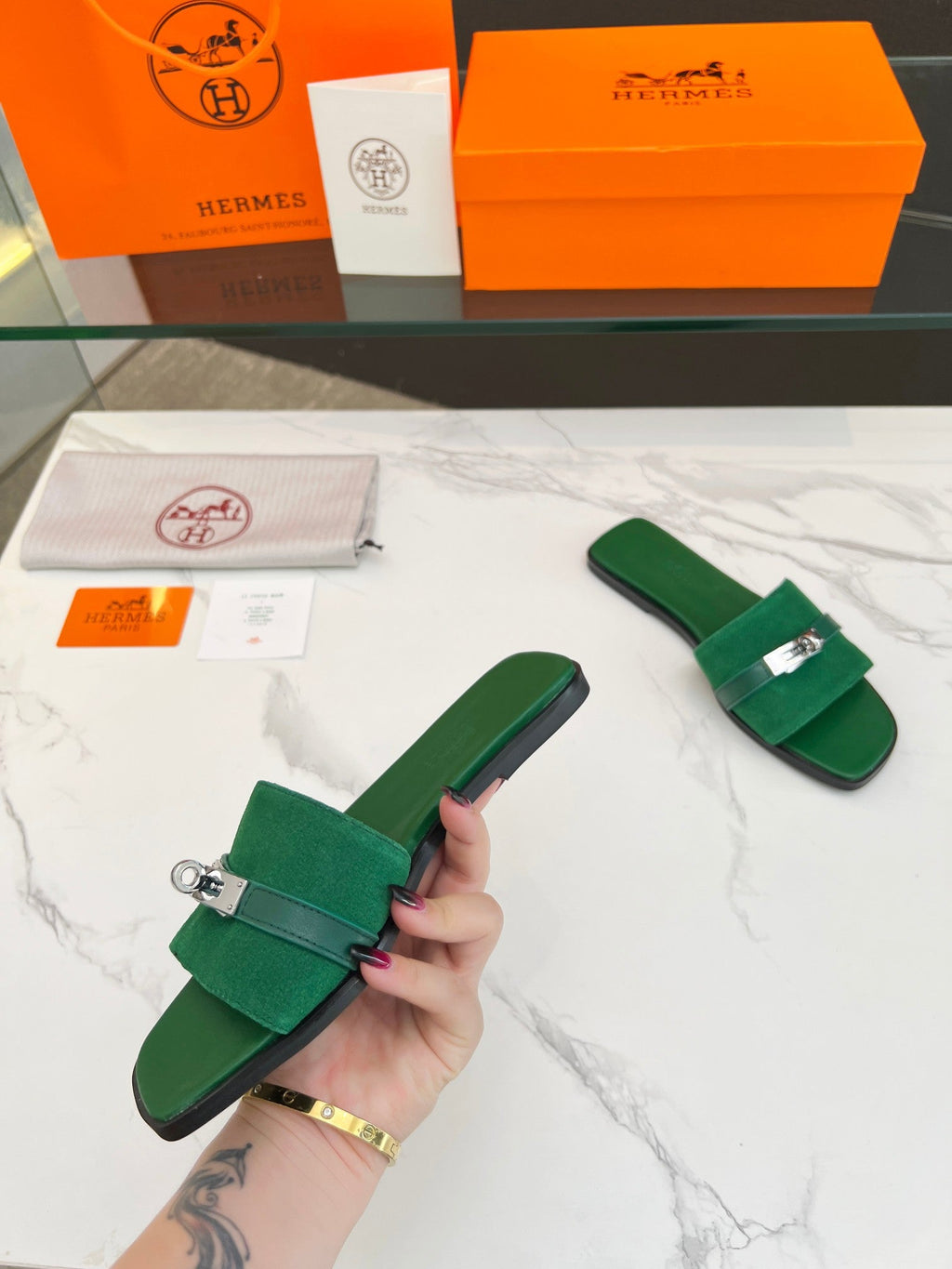 Hermes Giulia Sandal Green Suede Green Calfskin