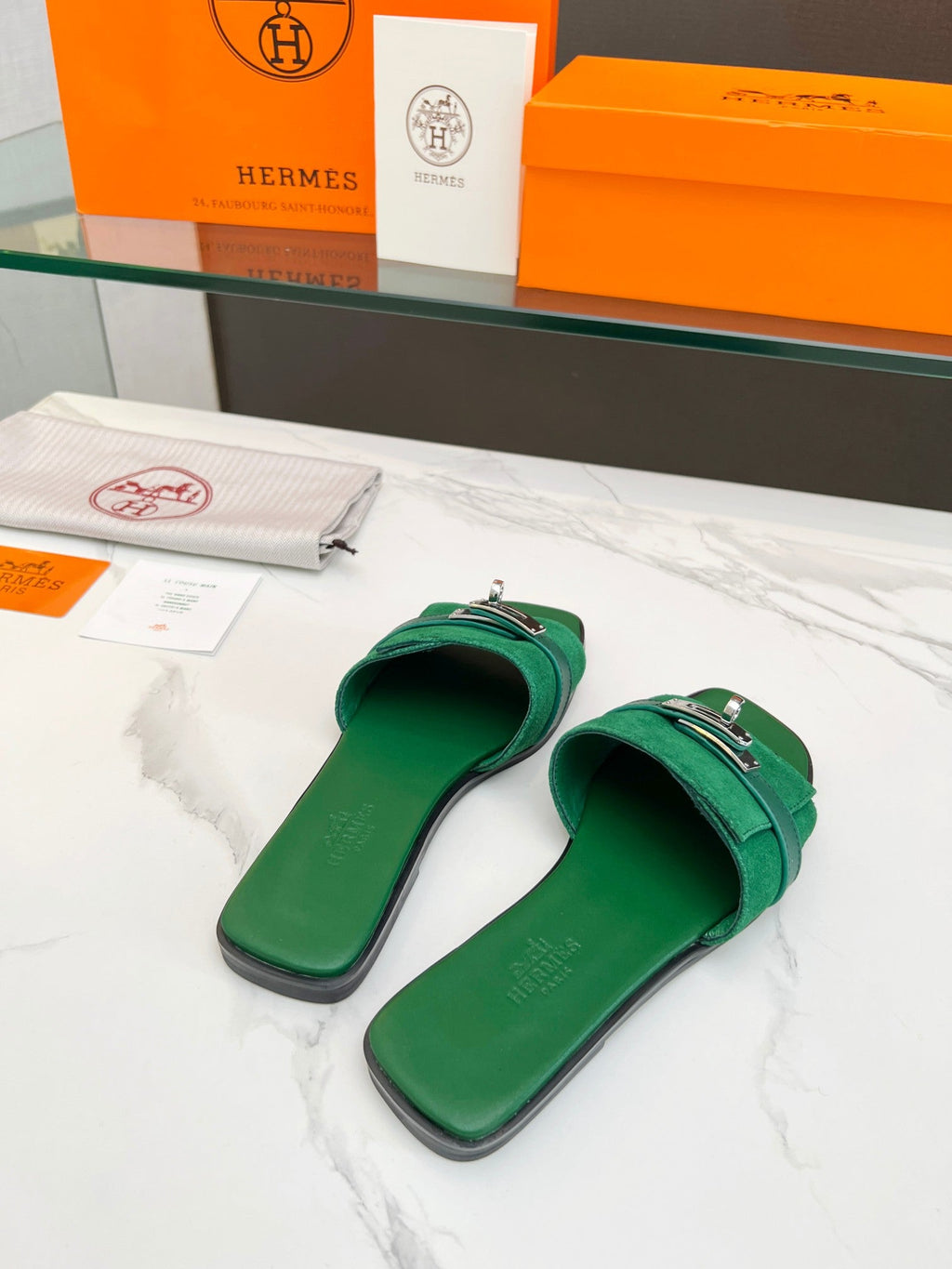 Hermes Giulia Sandal Green Suede Green Calfskin