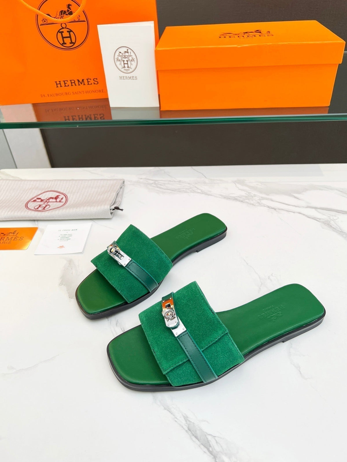 Hermes Giulia Sandal Green Suede Green Calfskin