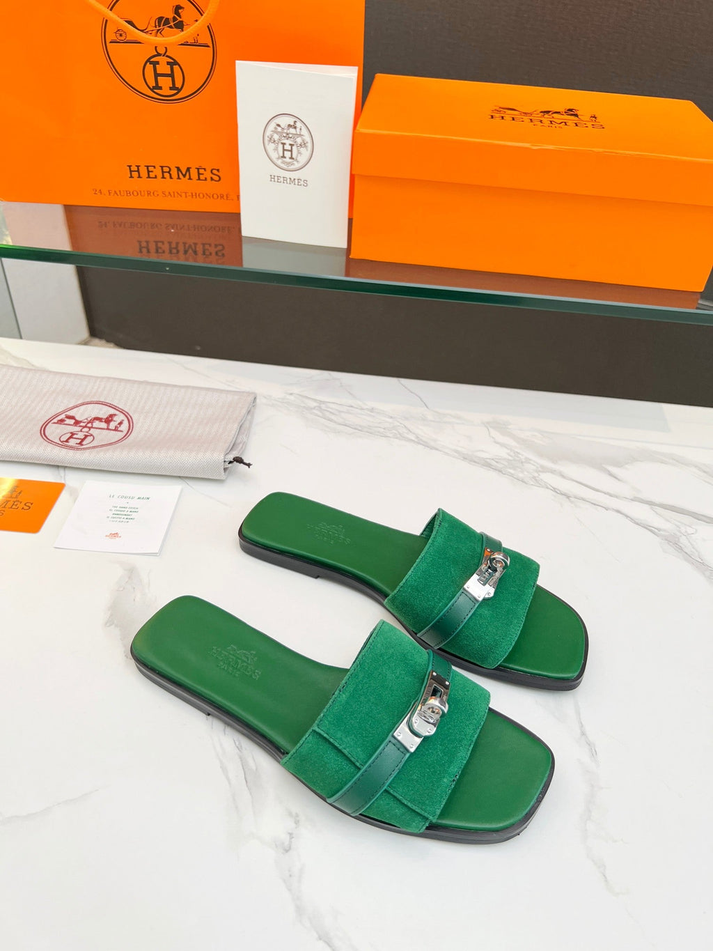 Hermes Giulia Sandal Green Suede Green Calfskin