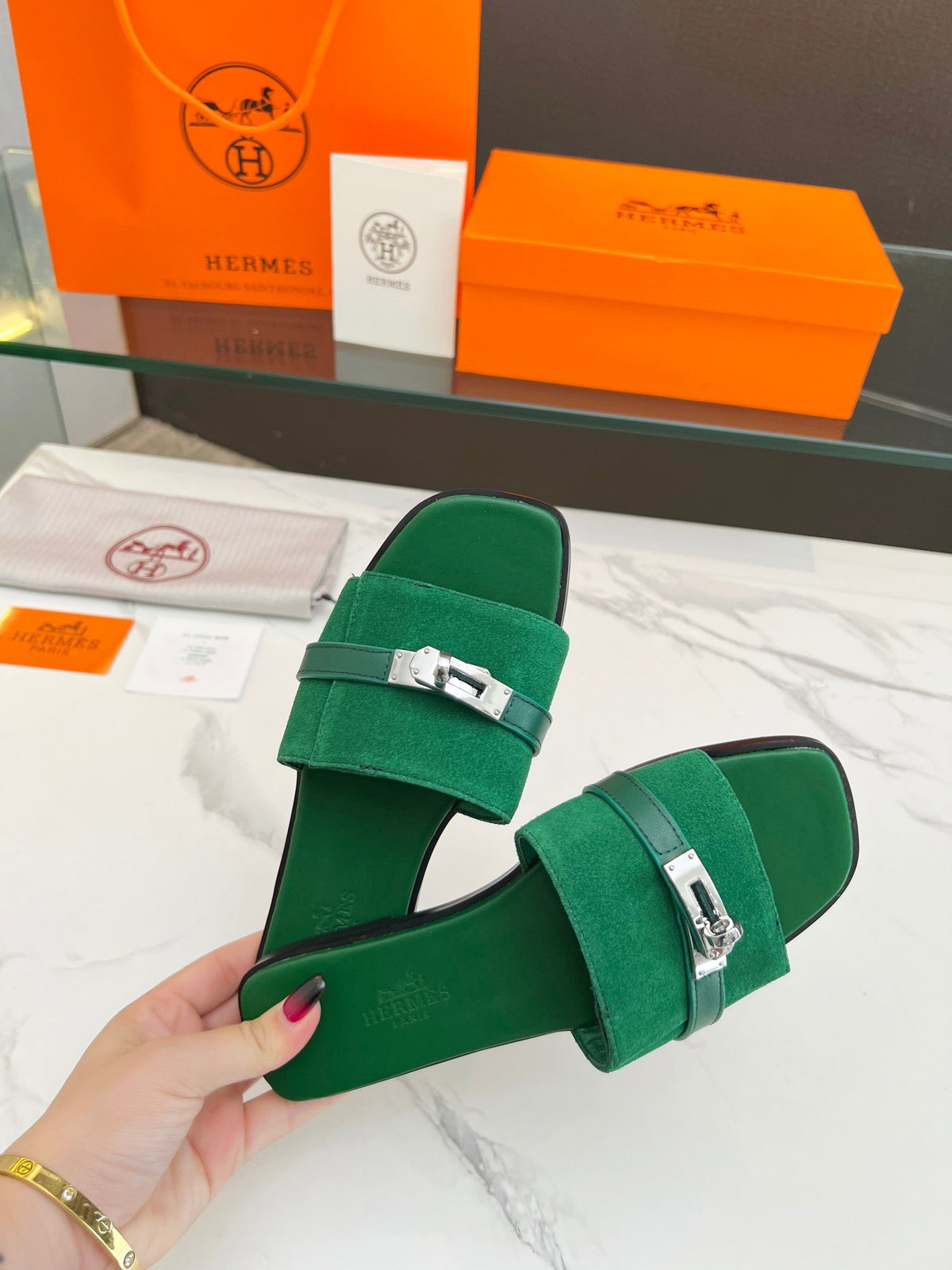 Hermes Giulia Sandal Green Suede Green Calfskin
