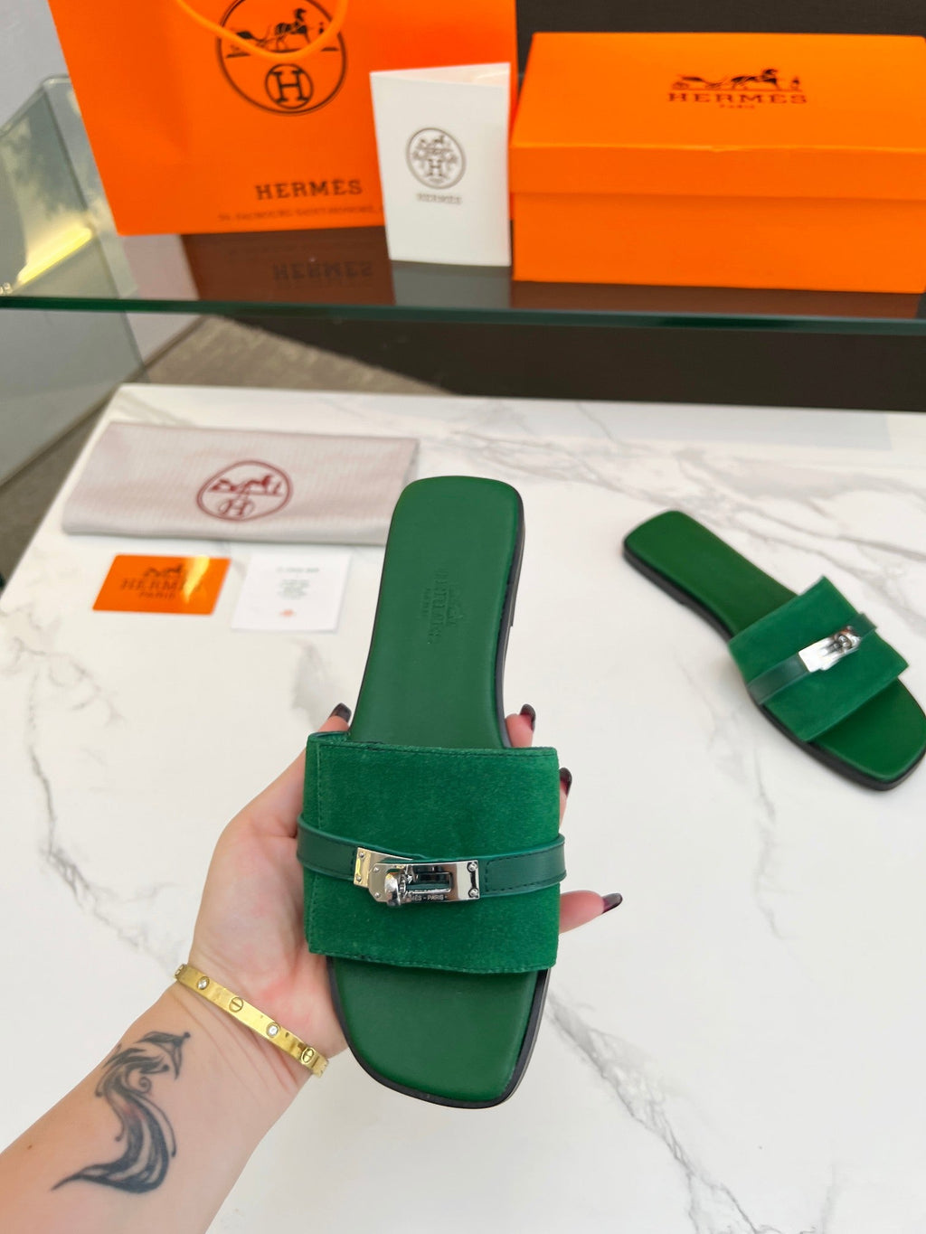 Hermes Giulia Sandal Green Suede Green Calfskin