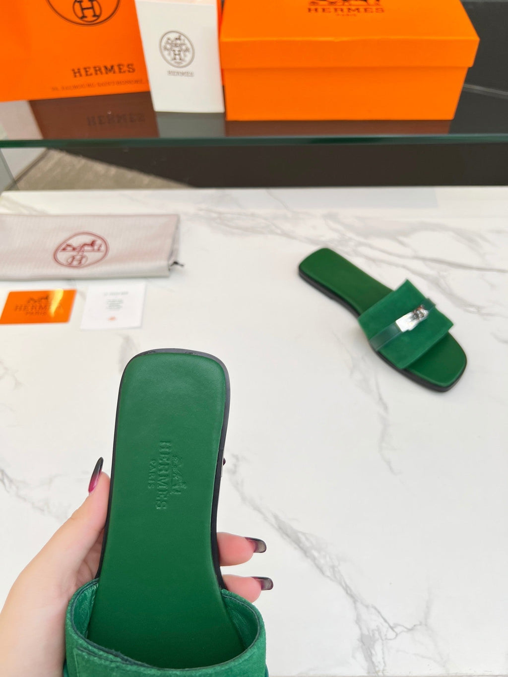 Hermes Giulia Sandal Green Suede Green Calfskin