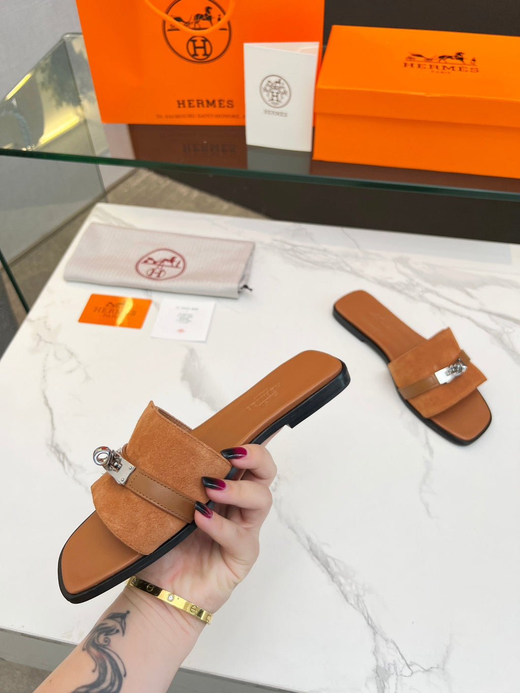 Hermes Giulia Sandal Tan Suede Tan Calfskin
