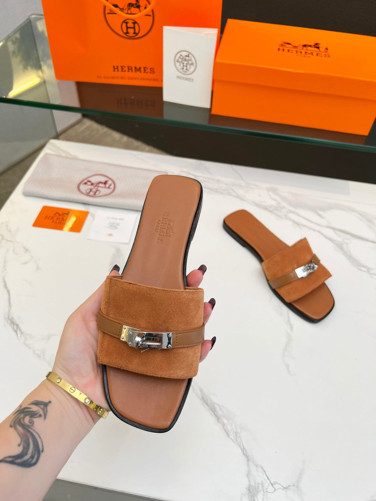 Hermes Giulia Sandal Tan Suede Tan Calfskin