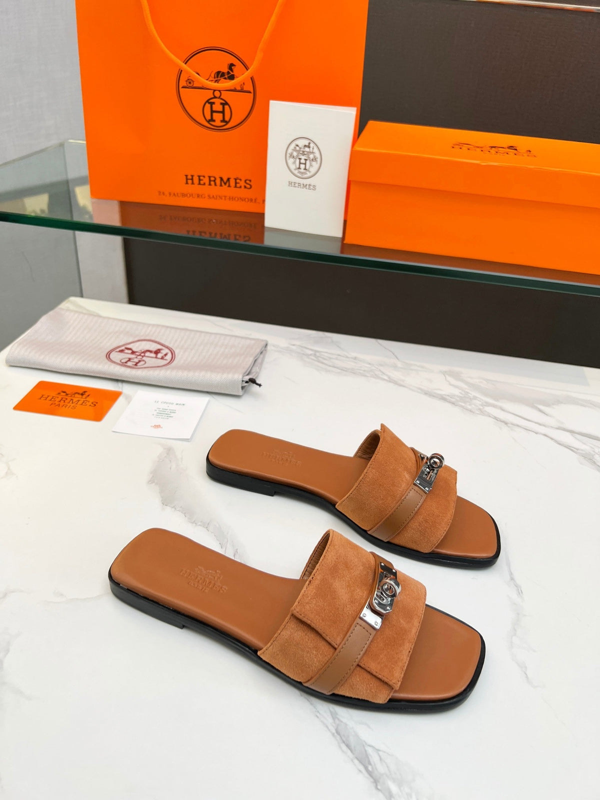Hermes Giulia Sandal Tan Suede Tan Calfskin