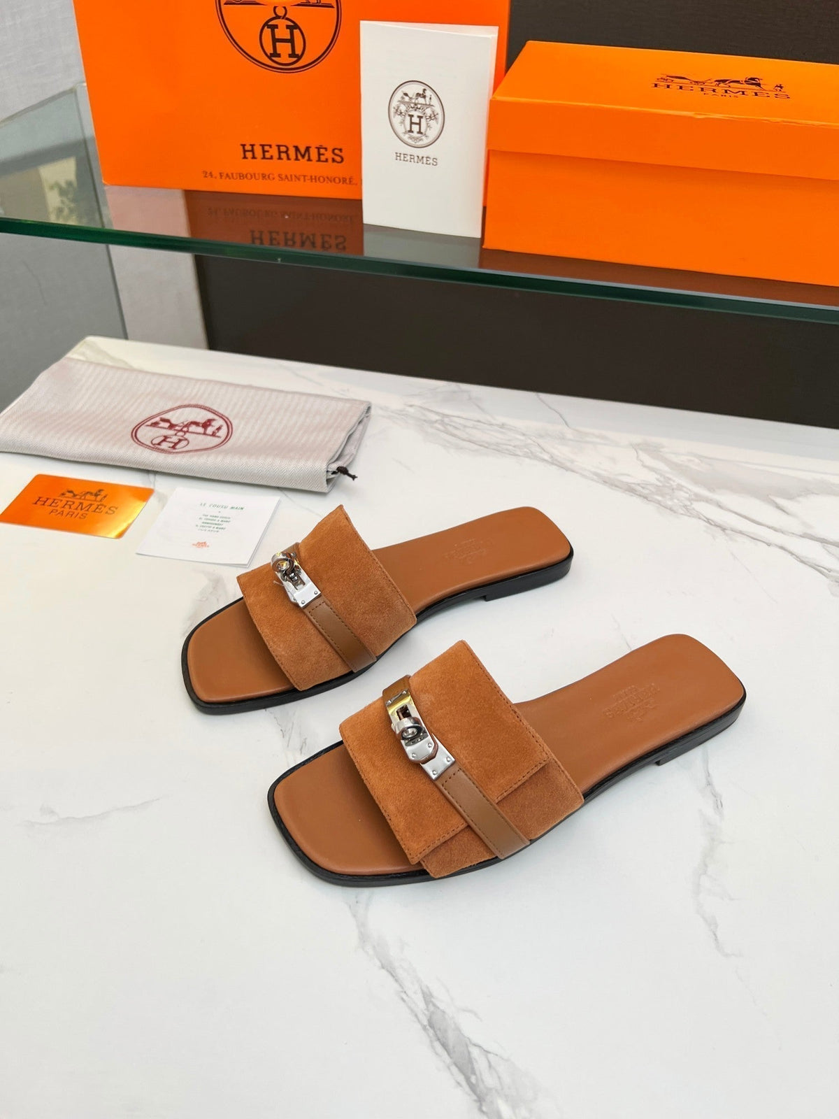 Hermes Giulia Sandal Tan Suede Tan Calfskin
