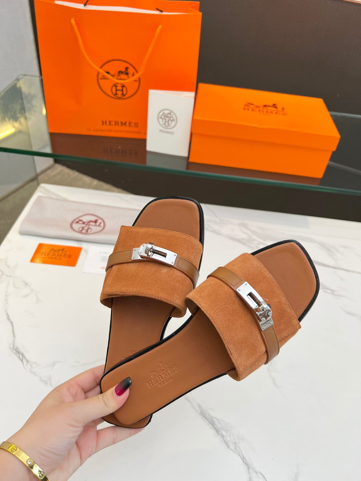 Hermes Giulia Sandal Tan Suede Tan Calfskin