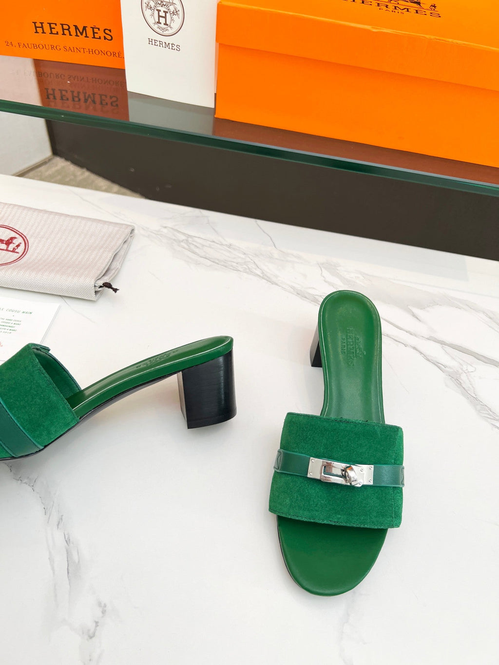 Hermes Gigi 50 Sandal Green Suede Green Calfskin