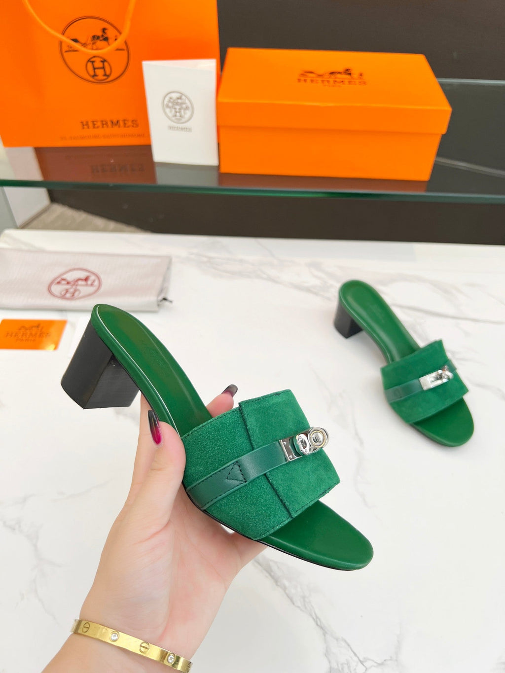 Hermes Gigi 50 Sandal Green Suede Green Calfskin