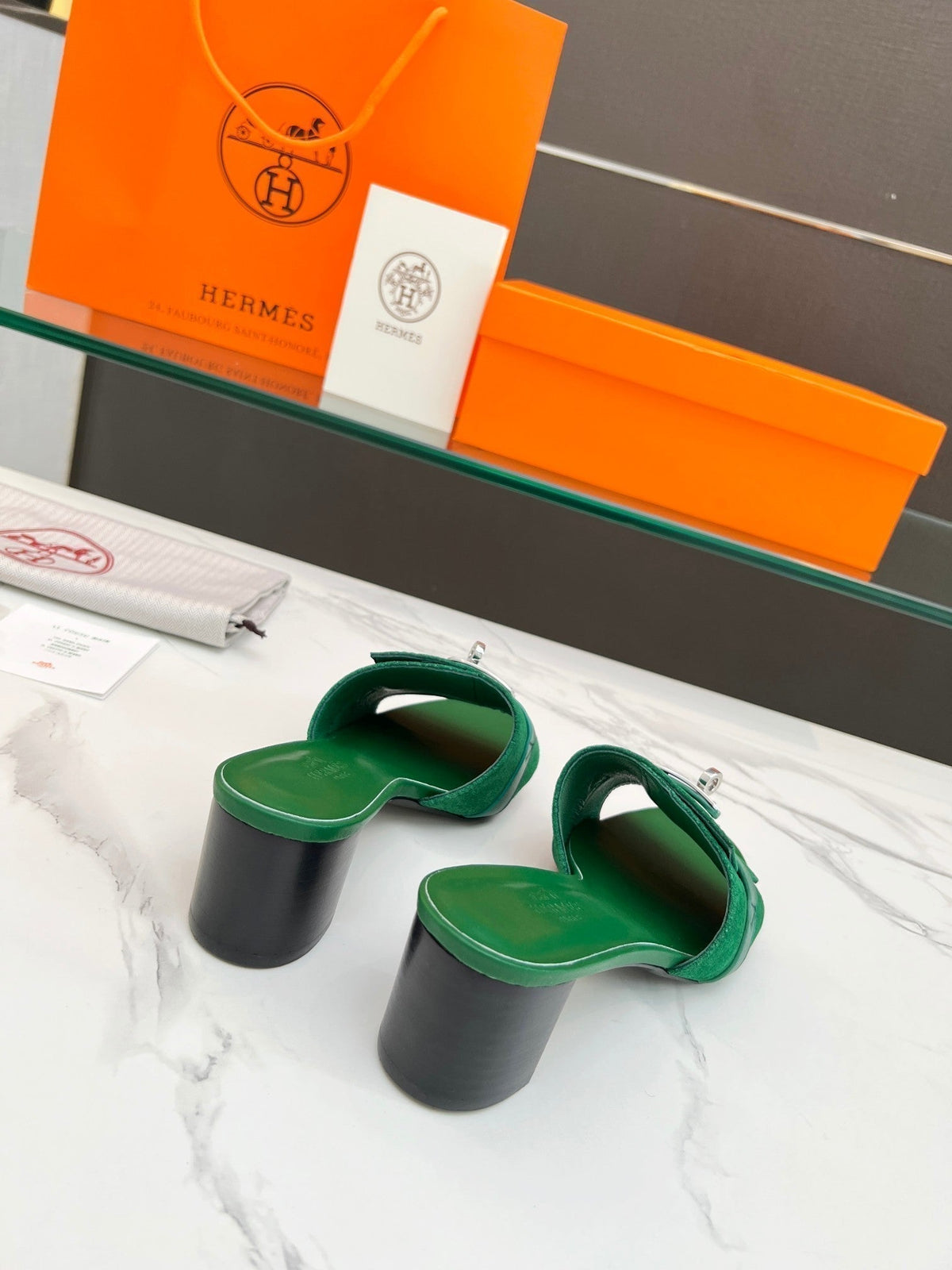 Hermes Gigi 50 Sandal Green Suede Green Calfskin