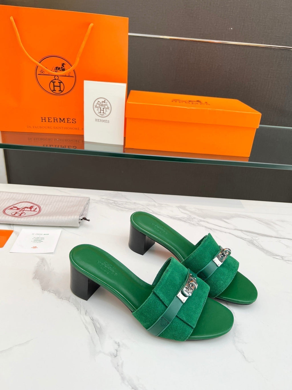 Hermes Gigi 50 Sandal Green Suede Green Calfskin