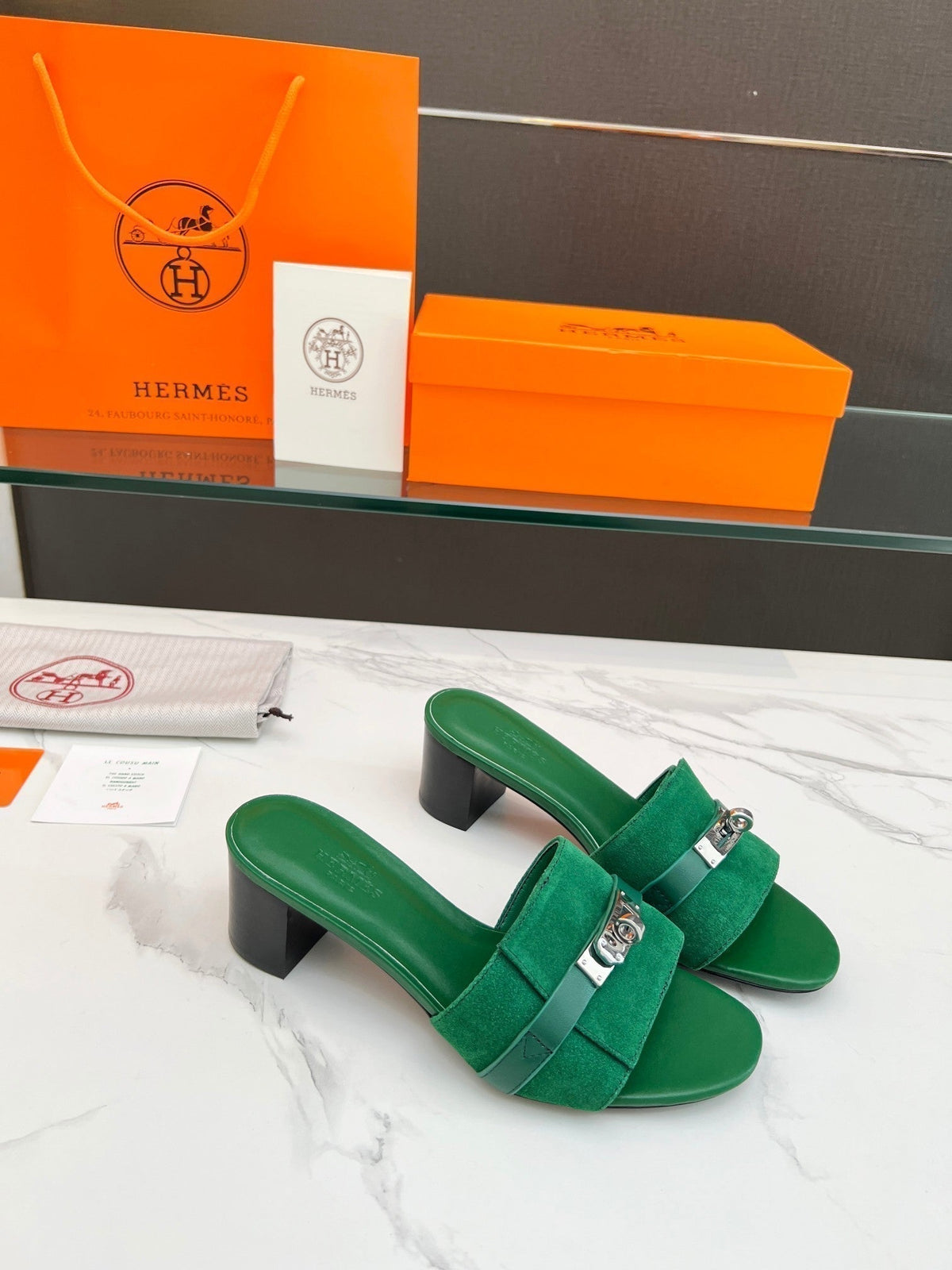 Hermes Gigi 50 Sandal Green Suede Green Calfskin