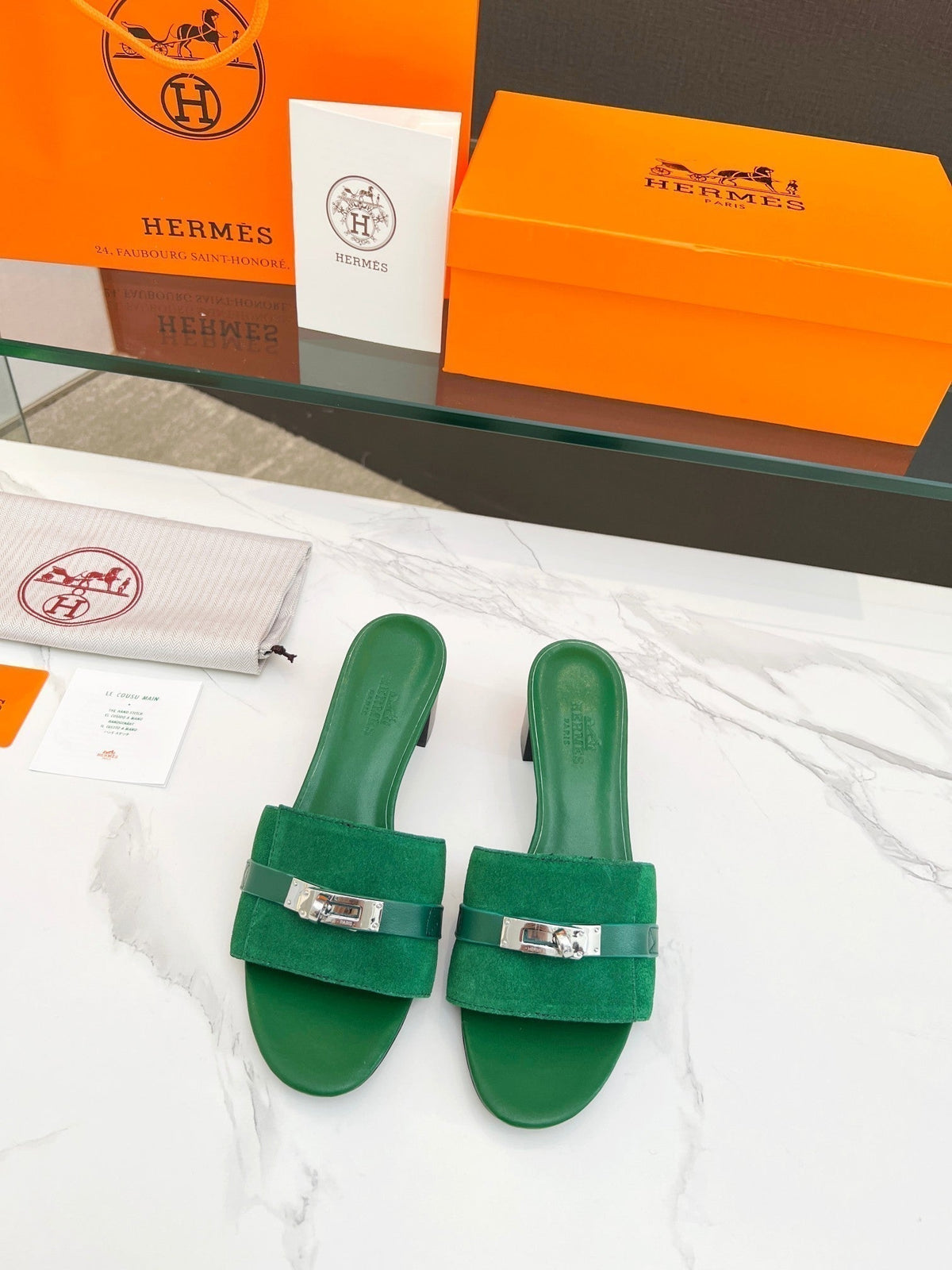 Hermes Gigi 50 Sandal Green Suede Green Calfskin