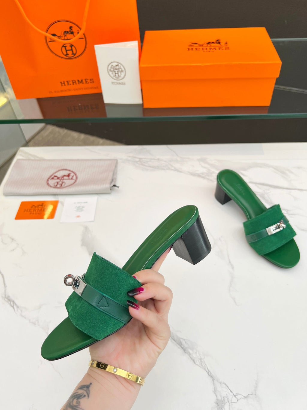 Hermes Gigi 50 Sandal Green Suede Green Calfskin
