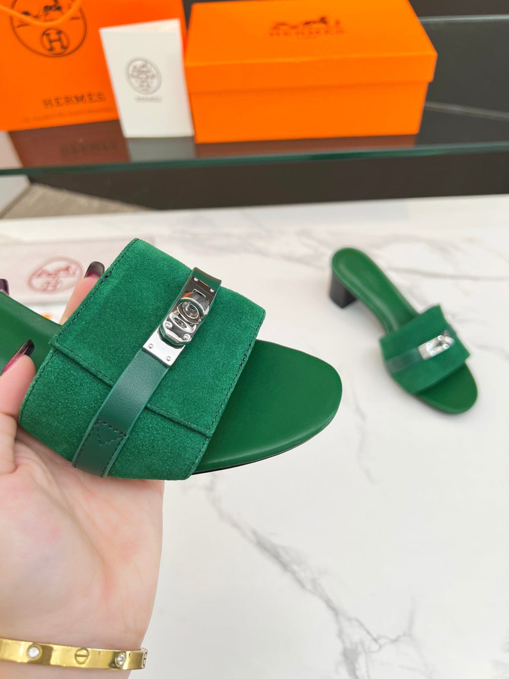 Hermes Gigi 50 Sandal Green Suede Green Calfskin