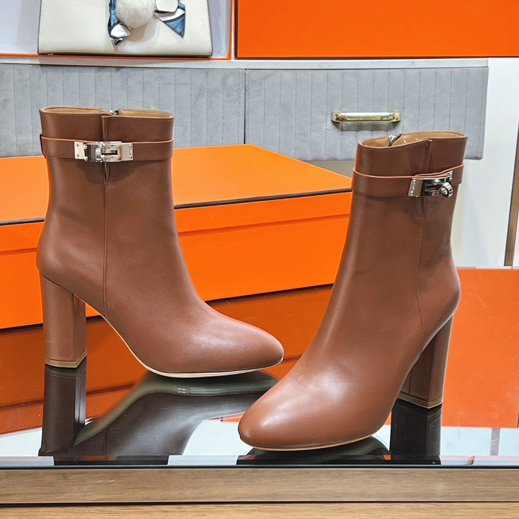 Hermes 25S Saint Germain Ankle Boots 90 mm in Brown Lambskin with Silver Hardware