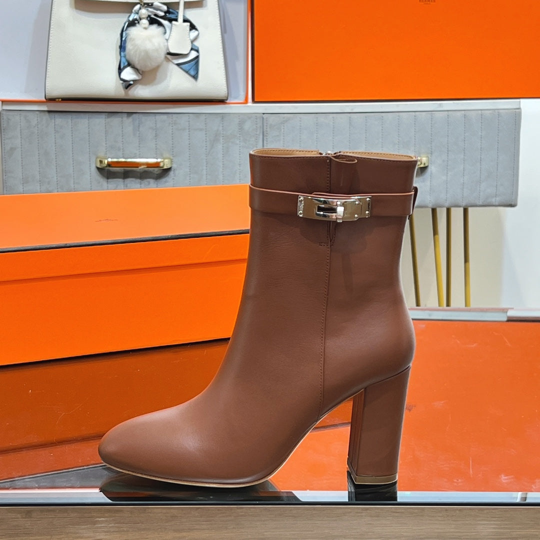 Hermes 25S Saint Germain Ankle Boots 90 mm in Brown Lambskin with Silver Hardware