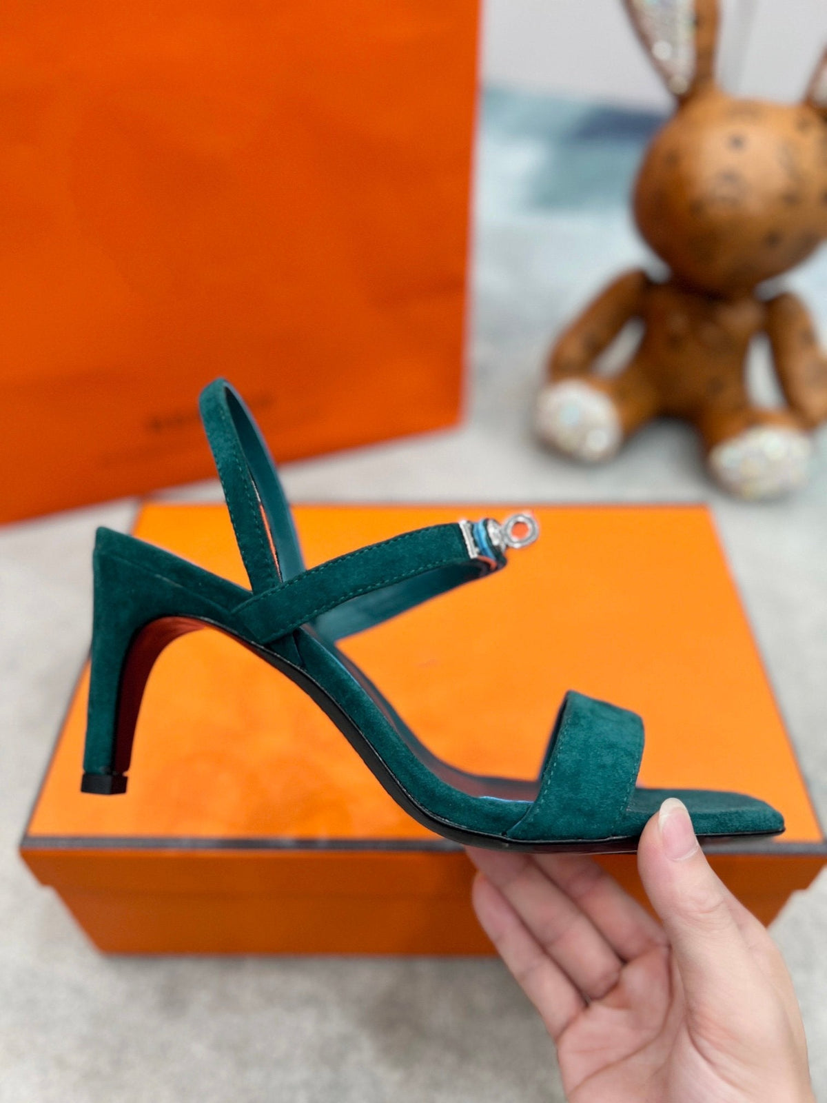 Hermes Glamour 75 Sandal Ocean Blue Suede