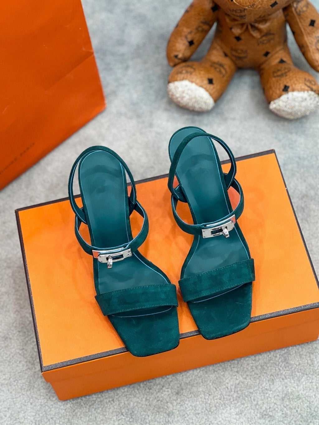 Hermes Glamour 75 Sandal Ocean Blue Suede