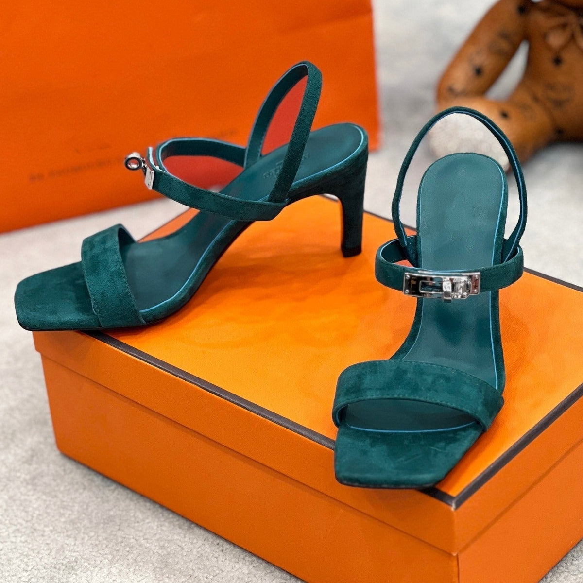 Hermes Glamour 75 Sandal Ocean Blue Suede