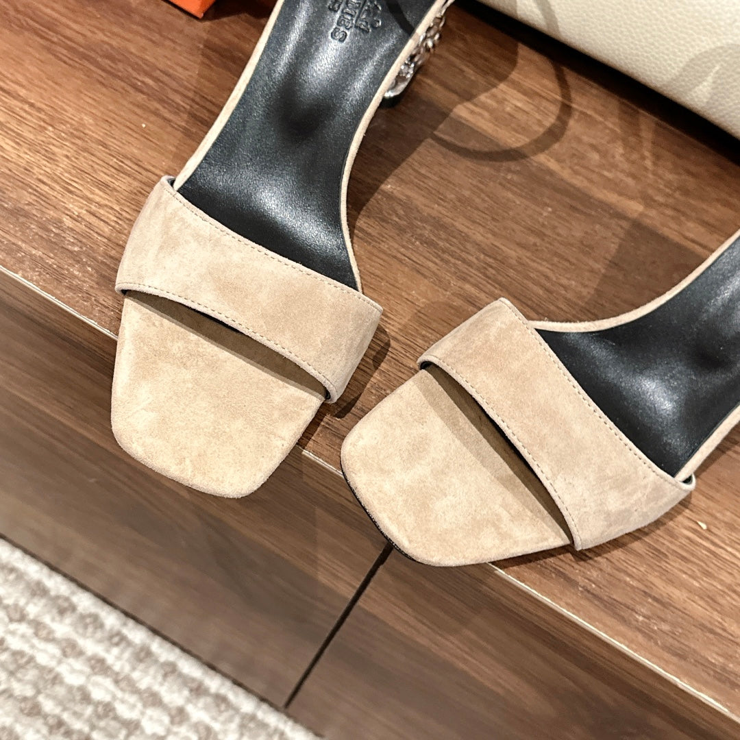 Hermes Glam Sandal 60 Light Brown Suede