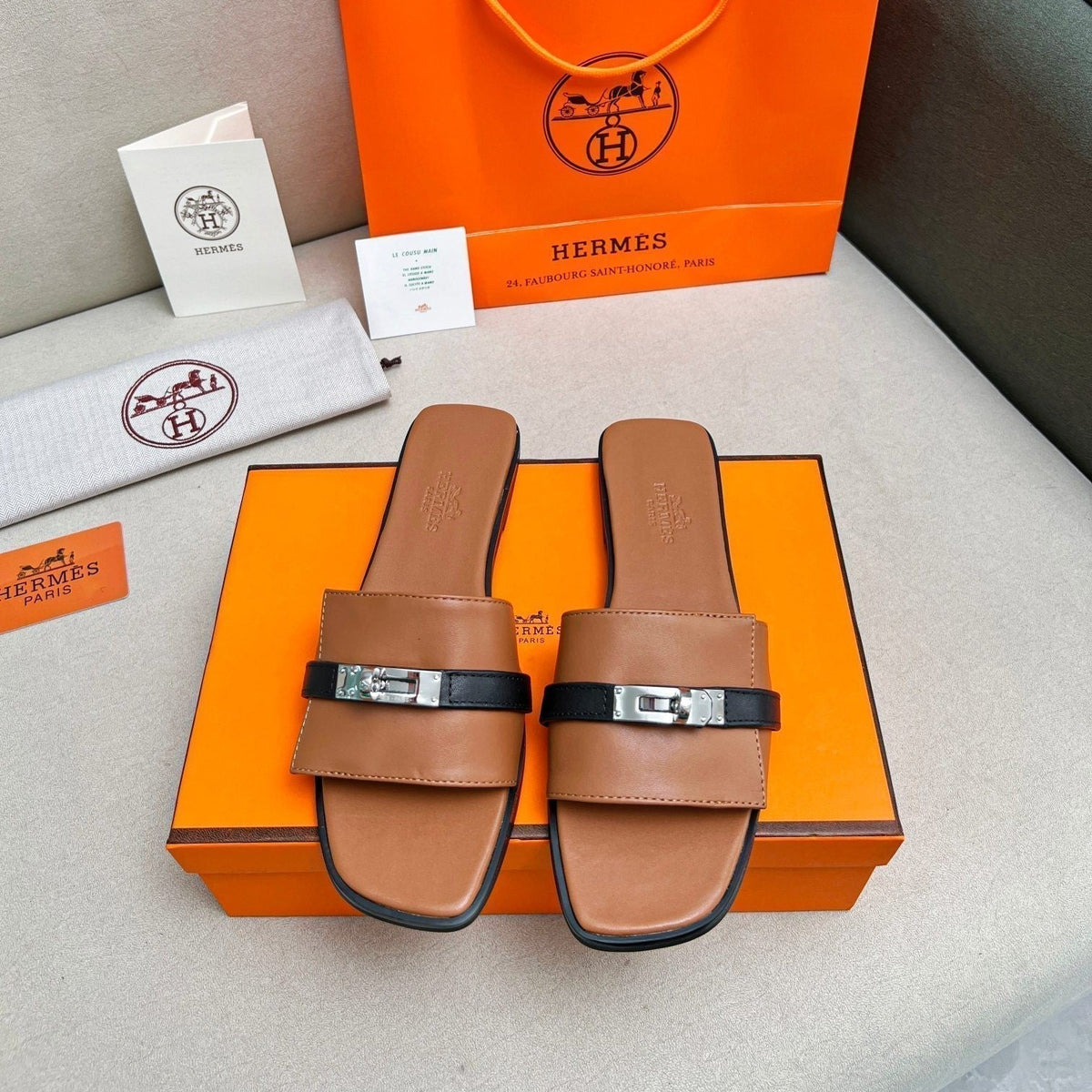 Hermes Giulia Sandal Brown Black Calfskin