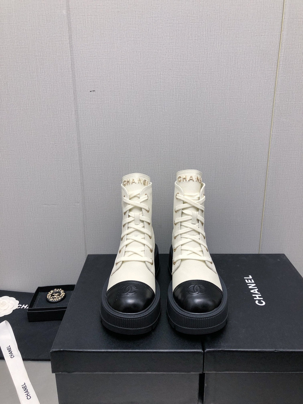 Chanel Martin Short Boots White Mix Black Lambskin