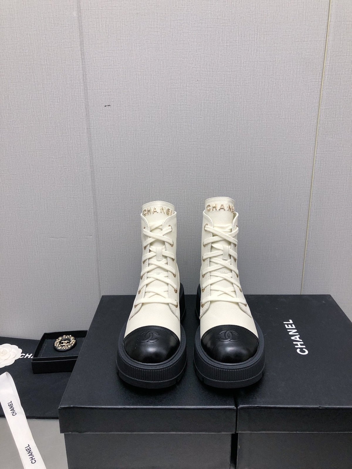 Chanel Martin Short Boots White Mix Black Lambskin