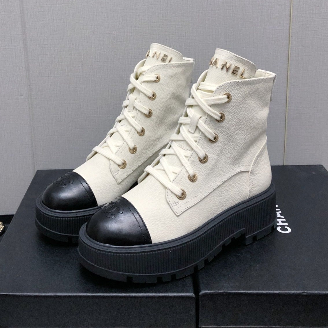 Chanel Martin Short Boots White Mix Black Lambskin