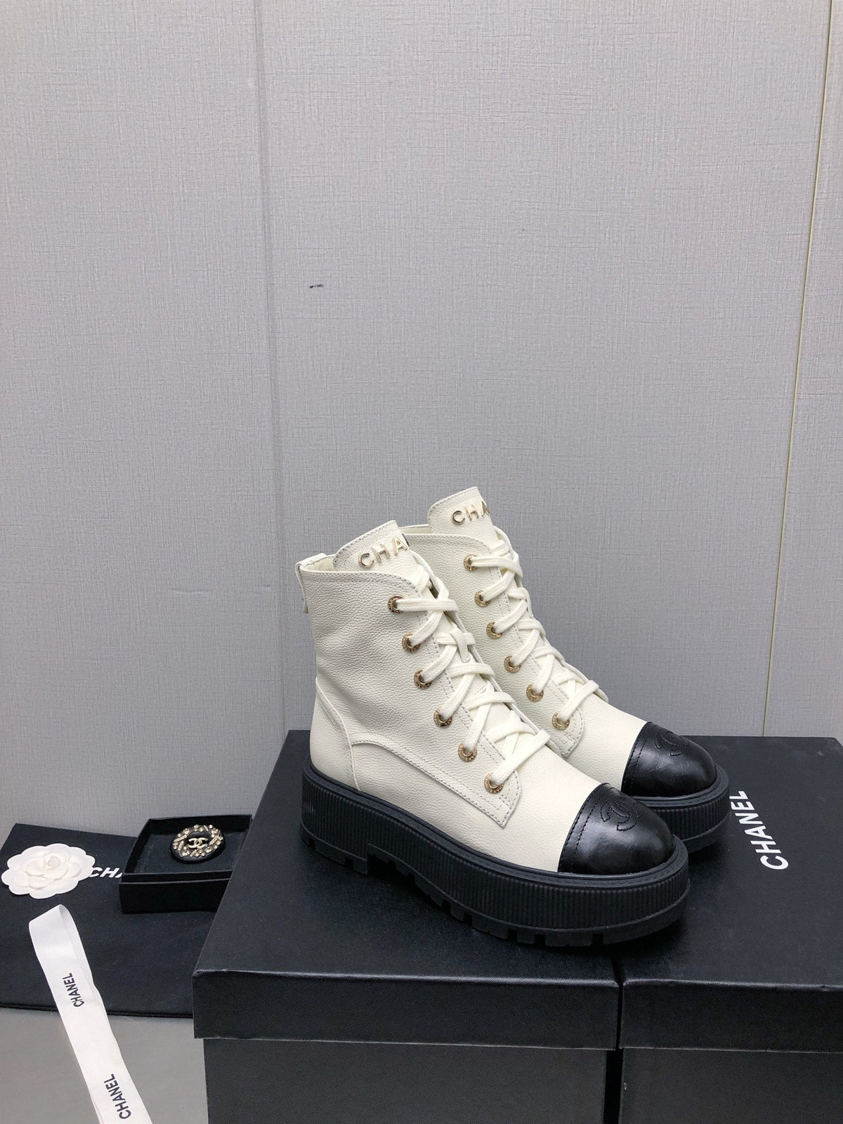Chanel Martin Short Boots White Mix Black Lambskin