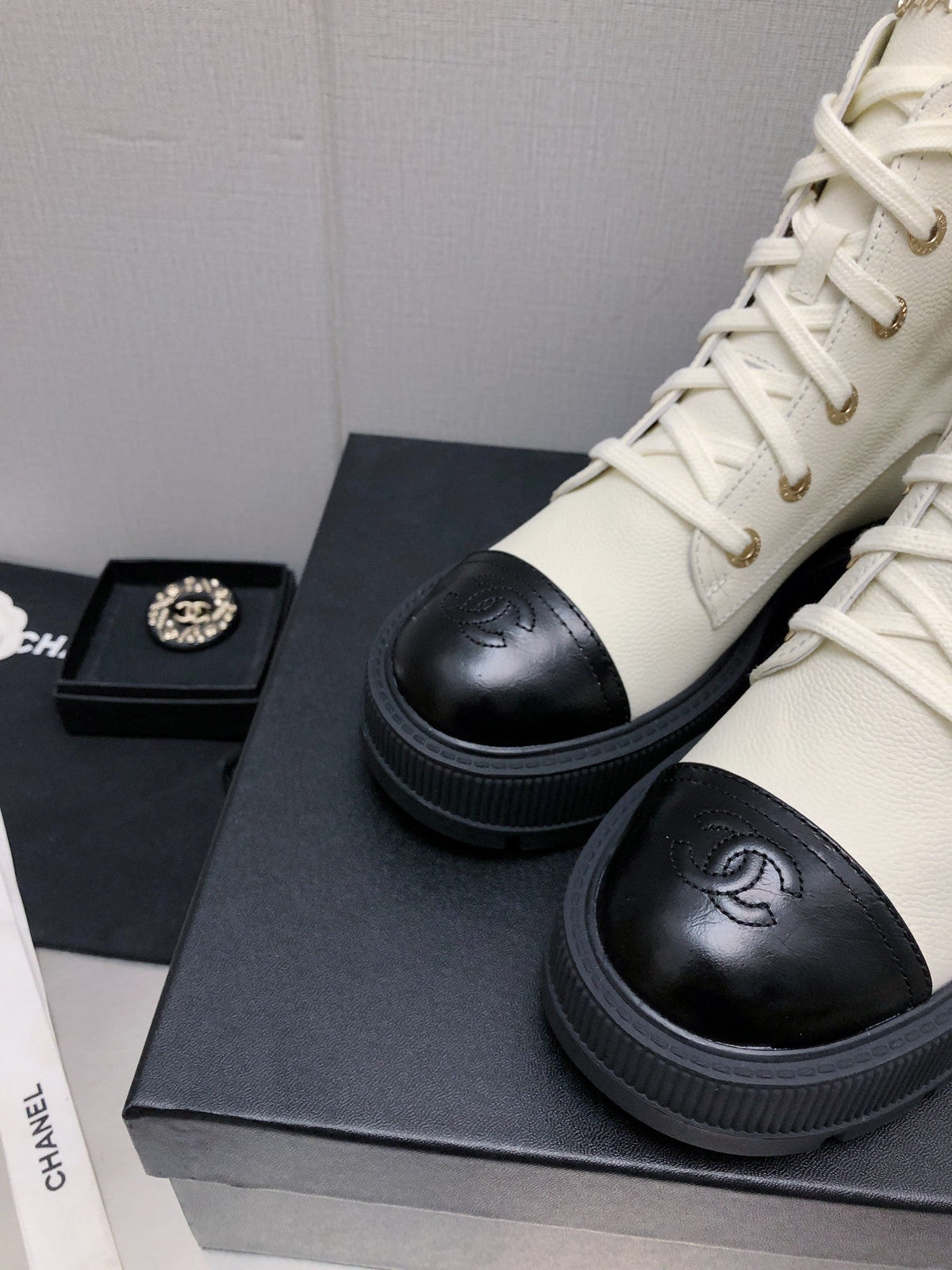 Chanel Martin Short Boots White Mix Black Lambskin