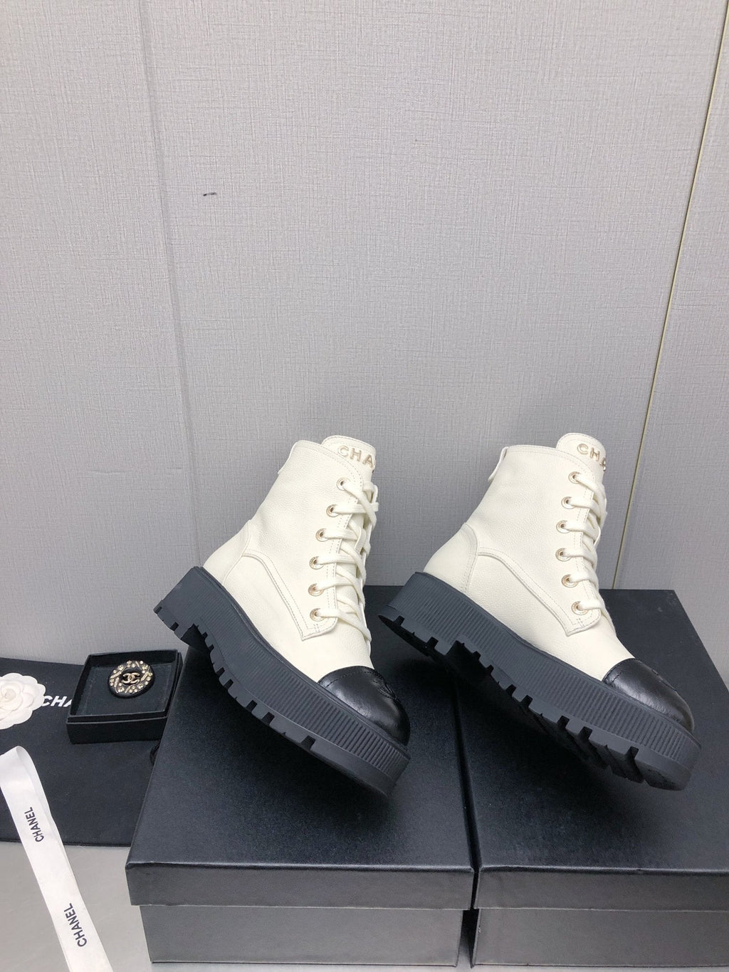 Chanel Martin Short Boots White Mix Black Lambskin
