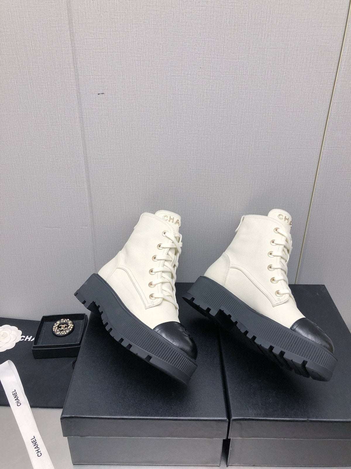 Chanel Martin Short Boots White Mix Black Lambskin