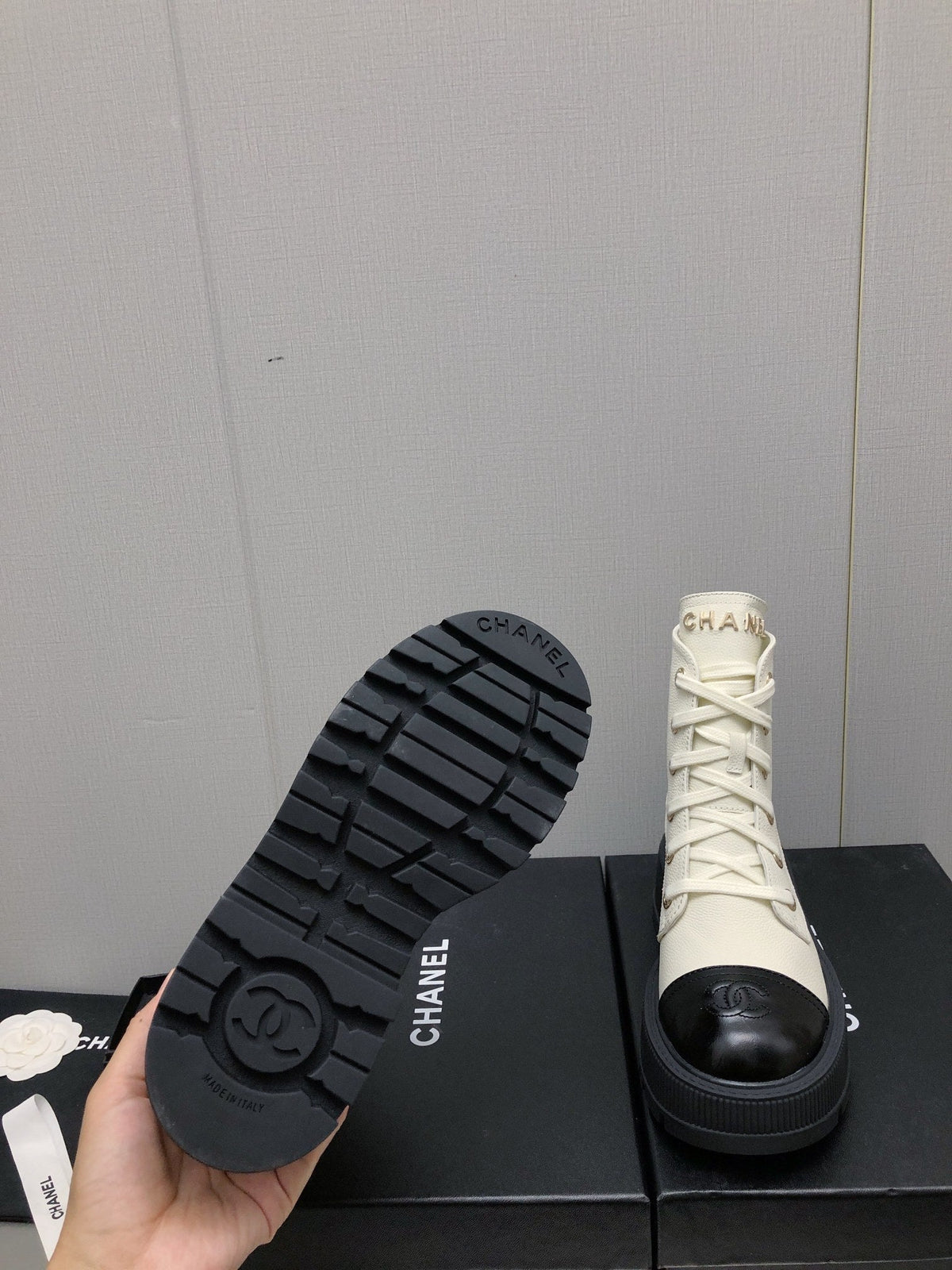 Chanel Martin Short Boots White Mix Black Lambskin