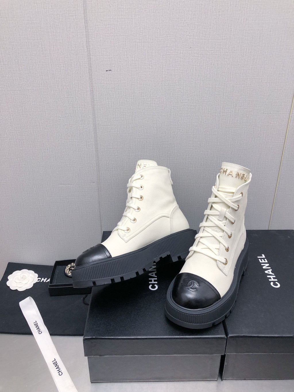 Chanel Martin Short Boots White Mix Black Lambskin