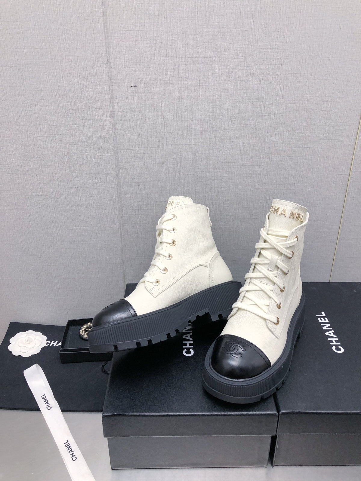 Chanel Martin Short Boots White Mix Black Lambskin