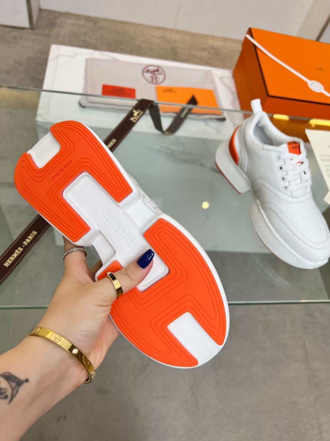 Hermes Giga Sneaker Orange Mix White Calfskin