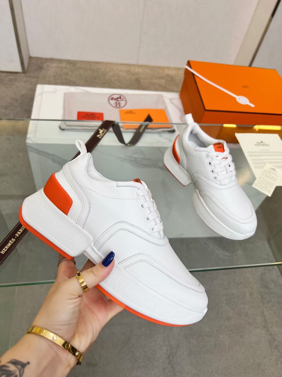 Hermes Giga Sneaker Orange Mix White Calfskin