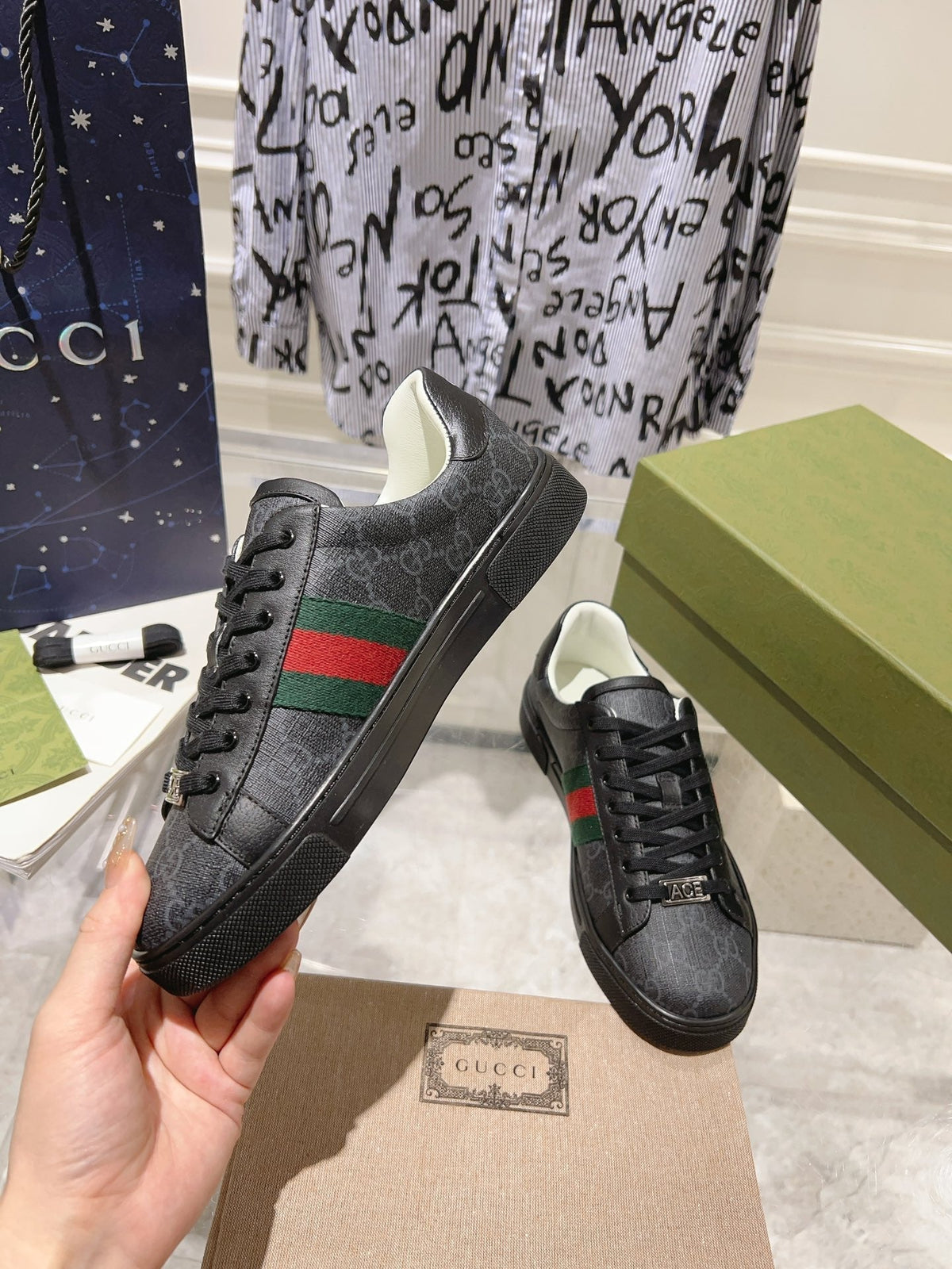 Gucci Ace Supreme Trainer Black Calfskin with Patterns