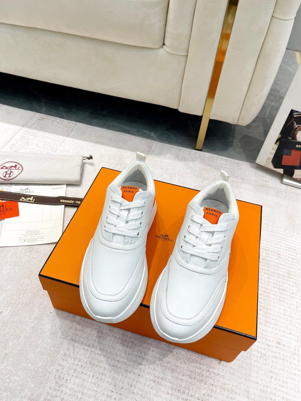 Hermes Giga Sneaker in White Stitched Mesh and Calfskin