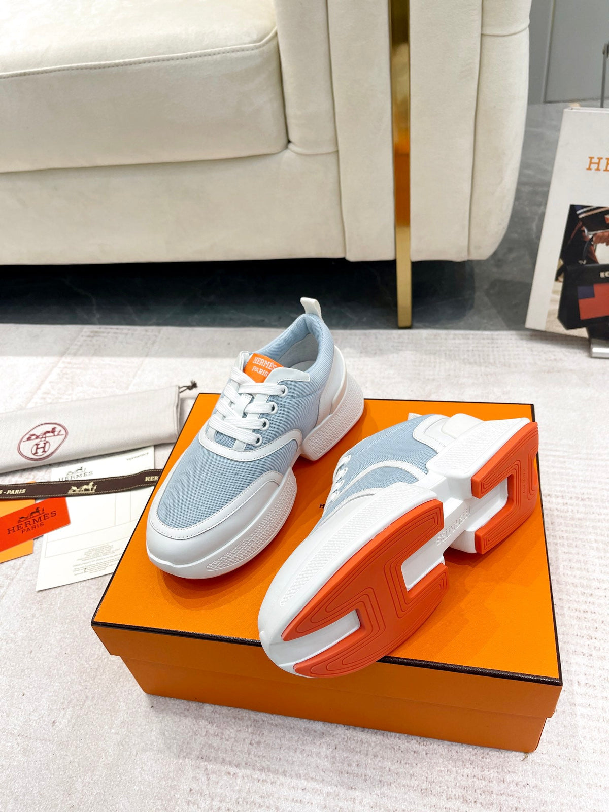 Hermes Giga Sneaker in Powder Blue Stitched Mesh and White Calfskin