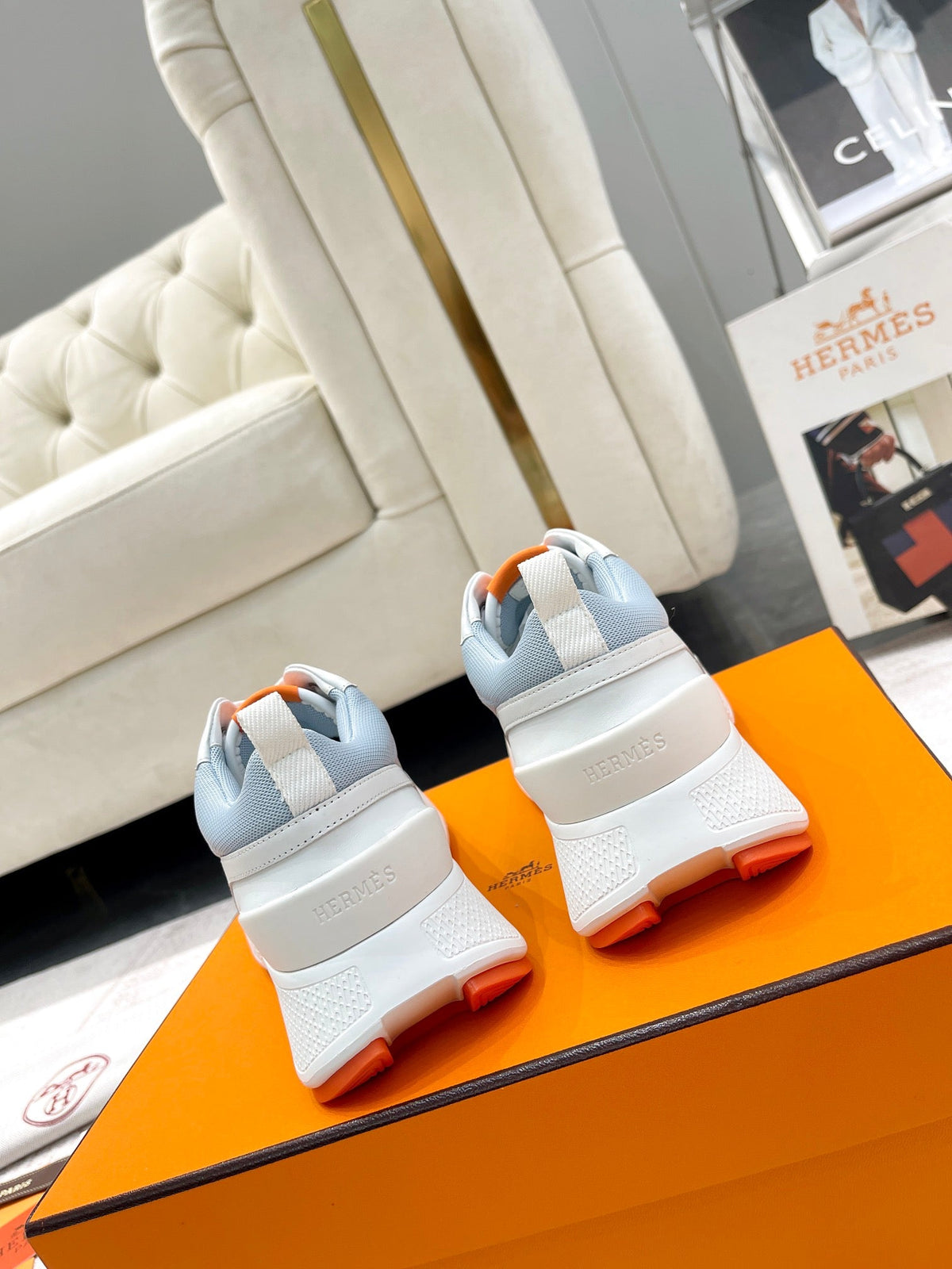 Hermes Giga Sneaker in Powder Blue Stitched Mesh and White Calfskin