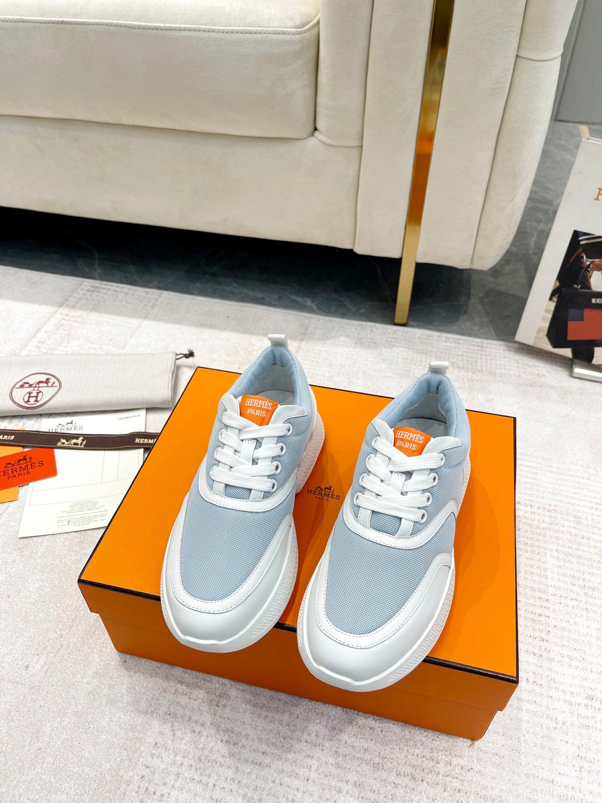 Hermes Giga Sneaker in Powder Blue Stitched Mesh and White Calfskin