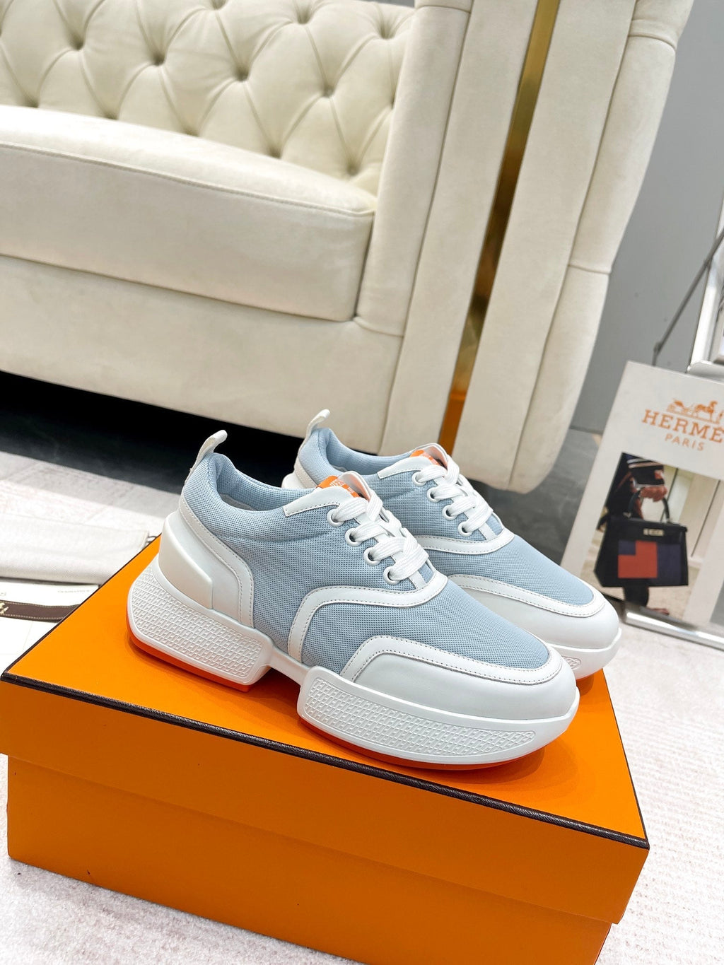 Hermes Giga Sneaker in Powder Blue Stitched Mesh and White Calfskin