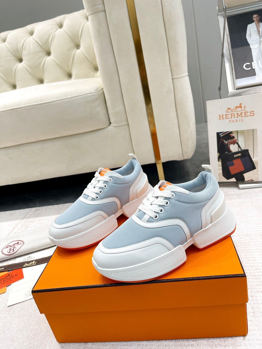 Hermes Giga Sneaker in Powder Blue Stitched Mesh and White Calfskin
